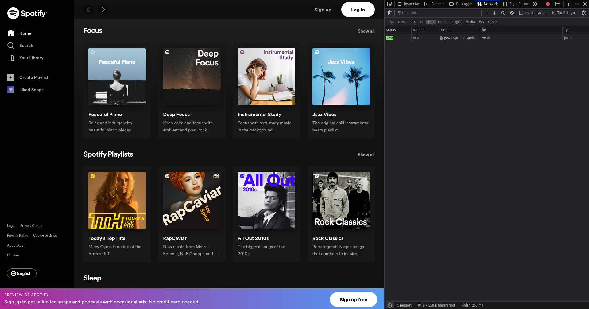 The Spotify Web Player with the browser's development tools open